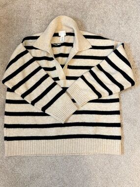H&M Cream and Black Striped Collared Sweater